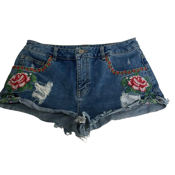 ASOS Floral Embroidered Denim Cut Off Shorts US Size 6 - Picture 1 of 7
